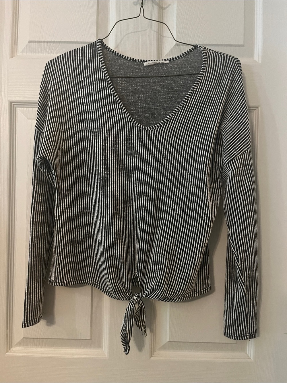 Caution To The Wind Black & White Striped Tie-Front Long Sleeve Top